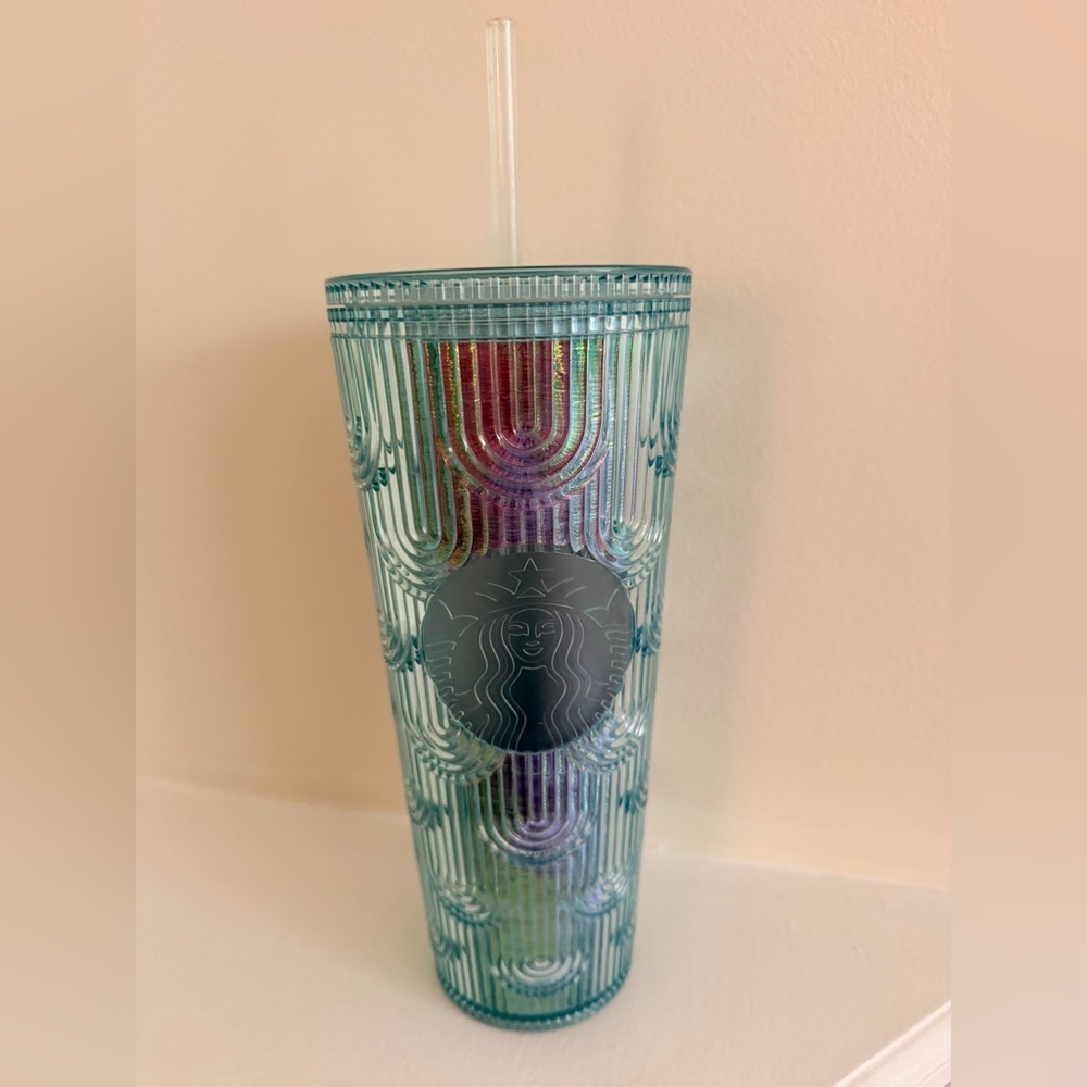 Starbucks Aqua Iridescent Ribbed Tumbler with Rainbow Accents